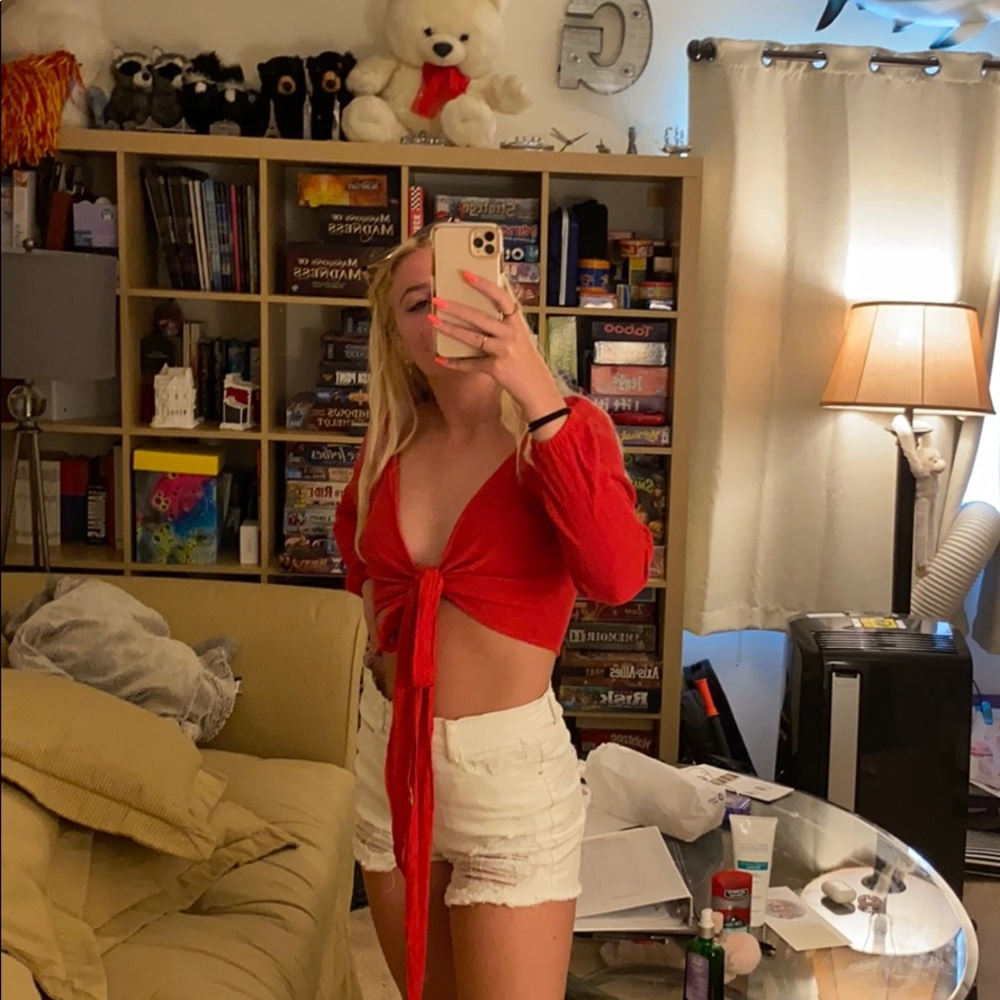 Red front tie shirt